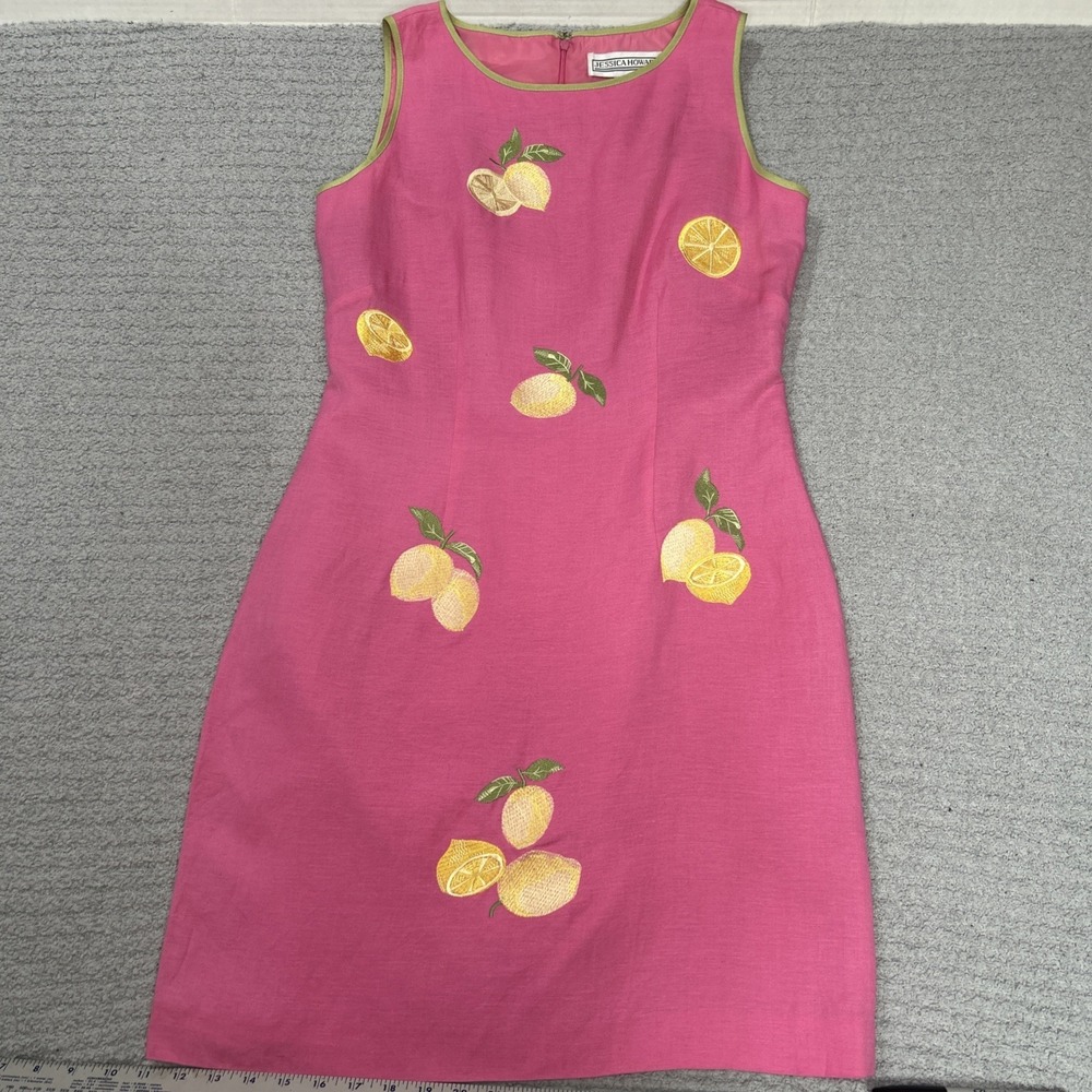Jessica Howard Lemon Appliqué 90s Sheath Mini Dress Summer Linen Blend Pink Sz 8